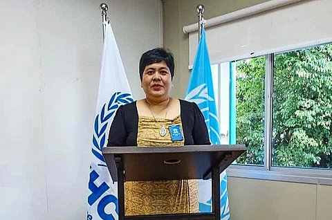 Thuzar Maung, Malaysia-based Myanmar refugee, delivers a speech in Kuala Lumpur in a photo posted on her Facebook account, March 9, 2023. (voa)
