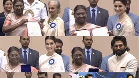 The 69th National Film Awards in the national capital on Tuesday saw a confluence of generations and sartorial styles as President Droupadi Murmu honoured headline-making actors, from Waheeda Rehman to Alia Bhatt.(IANS)