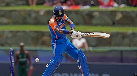 India's Hardik Pandya plays a shot during the ICC Men's T20 World Cup cricket match between India and Bangladesh at Sir Vivian Richards Stadium in North Sound. VOA