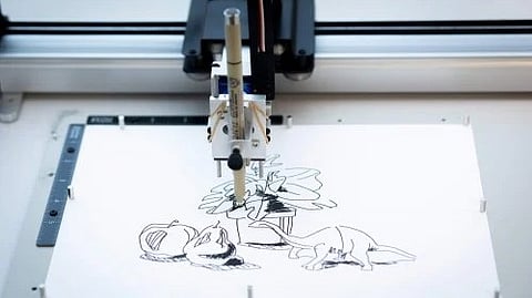 A captivating image displays a dynamic black and white sketch of a man on pristine white paper. The artists deft hand captures motion, creating a visually striking contrast against the stark background, making every line a masterpiece.