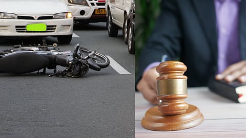 A damaged motorcycle lying on the road near cars, paired with an image of a judge’s gavel.