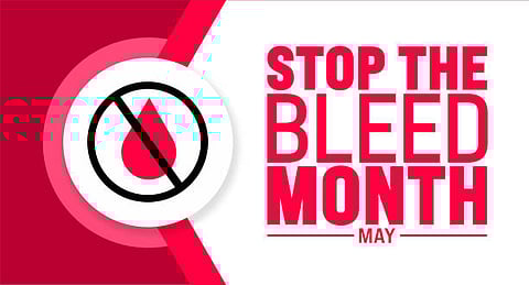 Stop the Bleed Month poster with a red drop and slash symbol, observed in May