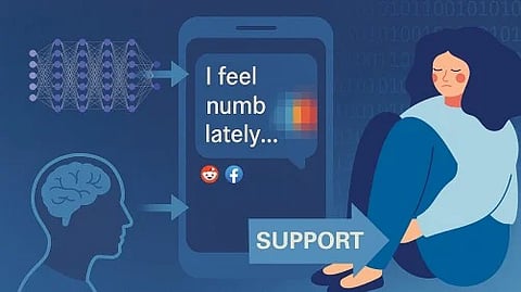A person feeling numb with a phone message saying ‘I feel numb lately’ and the word ‘Support’ beside them.