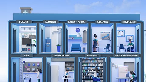 A blue building is visible on a computer screen, highlighting its architectural features.