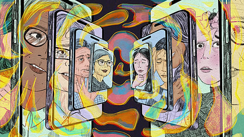 Abstract artwork showing faces inside smartphone screens, symbolizing digital life or social media.