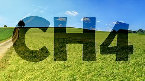 The image shows the chemical formula “CH4” overlaid on a field landscape, representing methane emissions from agriculture.