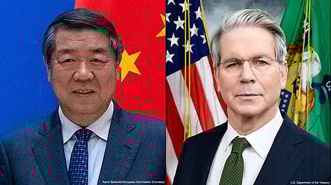 Two officials in formal suits shown against the flags of China and the United States.