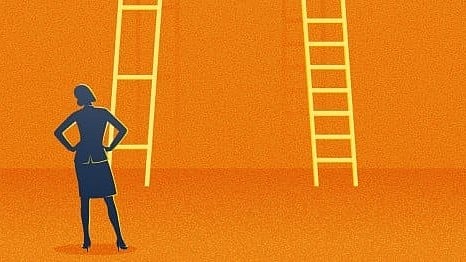 An illustration of a woman standing with hands on her hips, looking at two yellow ladders against an orange background.