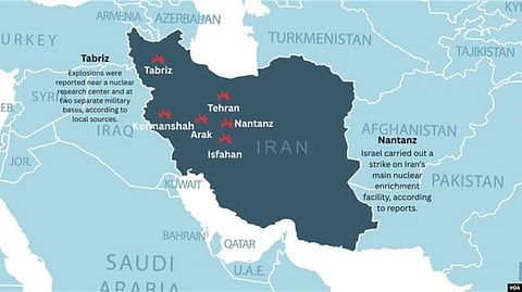 Map of Iran highlighting major cities including Tehran, Isfahan, Arak, and Natanz, with red markers indicating reported airstrike locations.