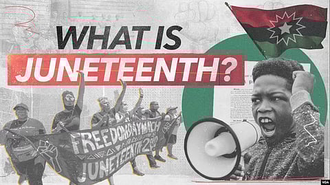 Poster with the text “What is Juneteenth?” showing people marching with a freedom banner, a man raising his fist, and the Juneteenth flag.