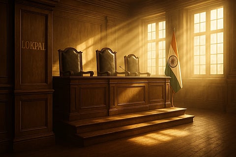In the image there is india's map and four chairs in a dark room with sunlight coming from outside