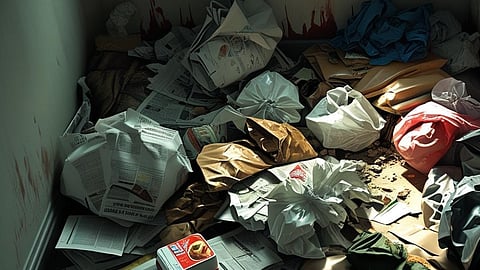 Garbage piles up in corridors because dustbins were never provided and sanitation workers are rarely seen.