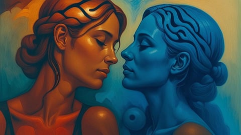 Neuroscientists discover that a non-coding RNA molecule in the prefrontal cortex, which promotes resilience to depression only in women, alters how the female brain ruminates on the past when making certain types of decisions in a mouse model. The single-stranded RNA molecule LINC00473 is depicted in the center.