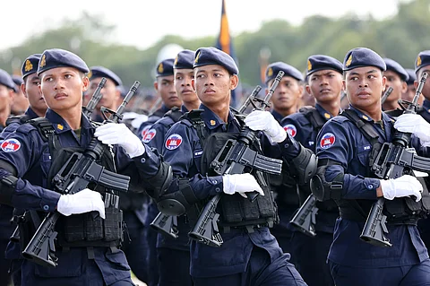 In this photo released by Agence Kampuchea Press, Cambodian troops perform during a ceremony in northern Kampong Chhnang province, July 14, 2025. (Agence Kampuchea Presse via AP)