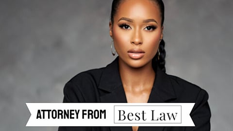 A professional portrait of a woman in formal attire against a neutral background. The text overlay reads “Attorney from Best.”