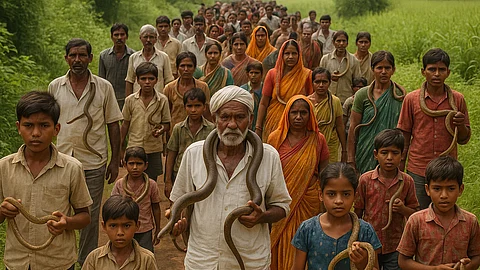 In the image many people are shown walking with carrying snake in their hand or around their head