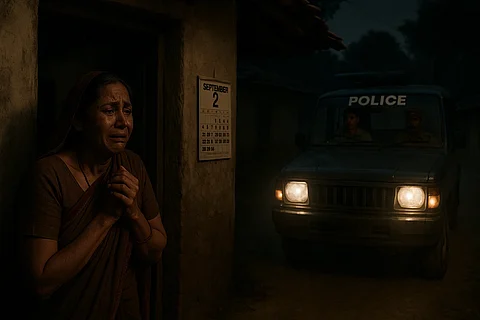 A woman standing outside her home