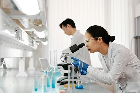 Two scientists conducting research using microscope.