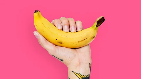 A man holding a banana indicating penis.