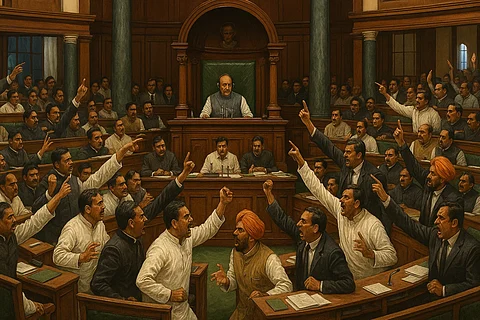 AI image depicting the outburst n Lok Sabha when PM CM removal bill was proposed by Amit Shah