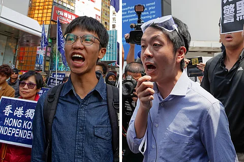 In this combination of photos, Tony Chung, left, marches during a protest in Hong Kong, Jan. 1, 2019; Ted Hui during a demonstration in Hong Kong. Aug. 12, 2019.