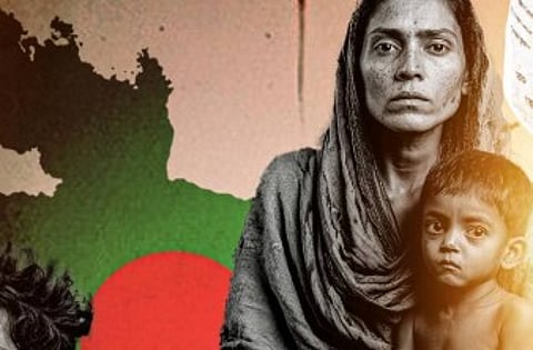 helpless woman and her child representating state of violence against woman and children.
