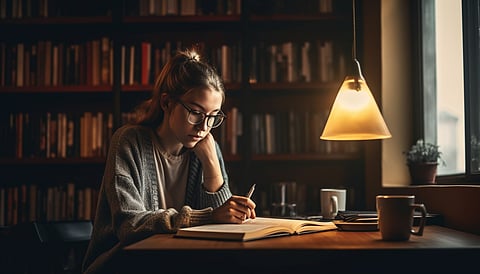 Girl studying in library.