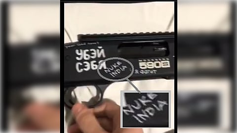 In the video the Minneapolis shooter had created before the killings on Wednesday, August 27, 2025, one of the guns had “Nuke India” written on it. The writing has been enlarged in the inset. Above it the killer had written in Russian, “Kill Yourself”.