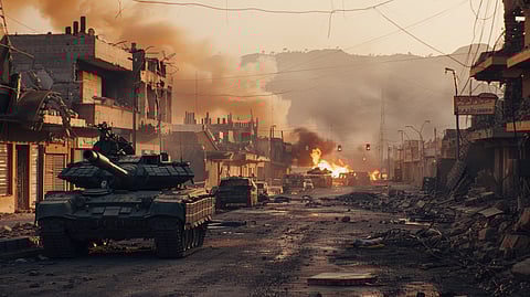 graphical illustration of war torn city