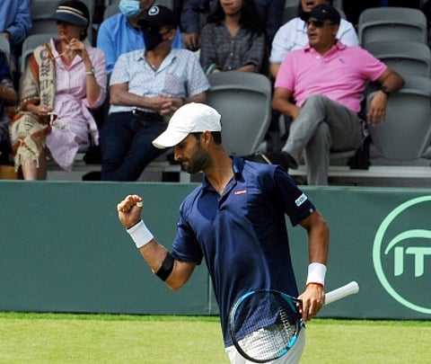 New Delhi:India's Yuki Bhambri celebrates after win points against Denmark's Mikael Torpegaard during their Davis Cup world group 1 play off match at Gymkhana Club in New Delhi on Friday March 04,2022