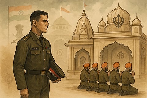 Image of Lieutenant Samuel Kamalesan standing outside the temple/gurudwara