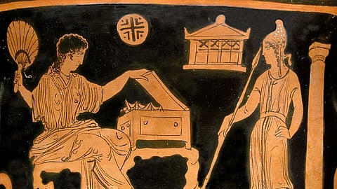 Helen and Paris depicted on an Ancient Greek vase, 380–370 BC.