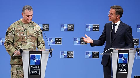 NATO chief Mark Rutte (right) holds a joint news conference with US General Alexus Grynkewich, NATO's supreme allied commander Europe.