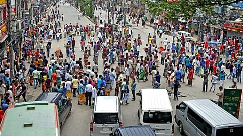 DHAKA, July 10, 2019 (Xinhua) -- Rickshaw-pullers attend a protest on the streets in Dhaka, Bangladesh, July 9, 2019. Traffic in parts of Bangladesh capital Dhaka was affected for hours as thousands of rickshaw-pullers had blockaded roads since Tuesday morning in protest against a ban on rickshaw on three major roads in the city.