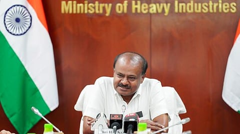 New Delhi: Minister of Heavy Industries and Public Enterprises HD Kumaraswamy addresses a press conference in New Delhi, Tuesday, June 24, 2025.