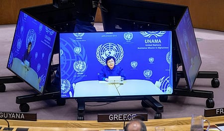 Roza Otunbayeva, the UN secretary-general's special representative for Afghanistan (on screens) speaks via a video link at a Security Council meeting at the UN headquarters in New York, Sept. 17, 2025. Otunbayeva on Wednesday called for the international community's continued engagement with the war-torn country
