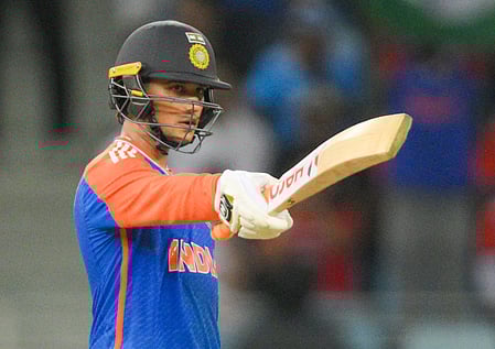 Dubai: India's Abhishek Sharma celebrates his fifty runs during the Asia Cup cricket match between India and Pakistan at Dubai International Cricket Stadium in Dubai, United Arab Emirates, Sunday, September 21, 2025.
