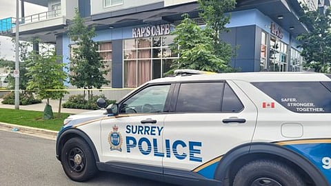 Surrey: A Police vehicle seen parked outside Kapil Sharma’s newly launched Kap's Cafe in Surrey, British Columbia, which was targeted in a shooting incident,