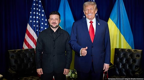 US President Donald Trump (right) gestures to reporters while at a bilateral meeting with Ukrainian President Volodymyr Zelenskyy in New York City on September 23.