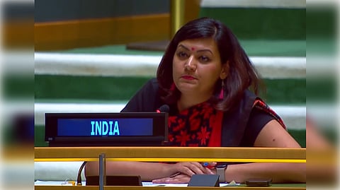 Petal Gahlot, a first secretary in India’s United Nations Mission, presents India’s right of reply to Pakistan Prime Minister Shehbaz Sharif’s speech at the General Assembly