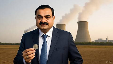 Adani standing in front of a power plant holding a Re.1 coin