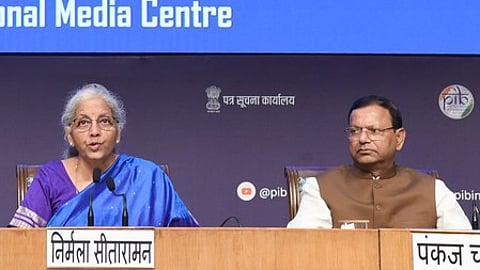 New Delhi: Union Finance and Corporate Affairs Minister Nirmala Sitharaman addresses a press conference on the 56th GST Council meeting as Union Minister of State for Finance Pankaj Chaudhary looks on at the National Media Centre in New Delhi on Wednesday, September 3, 2025.