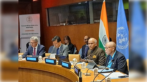 At the observance of Gandhi Jayanti on Thursday, October 2, 2025, at the United Nations are Permanent Representatives Ricklef Beutin of Germany, from left, Lok Bahadur Thapa of Nepal, P Harish of India, and Mathu Joyini of South Africa