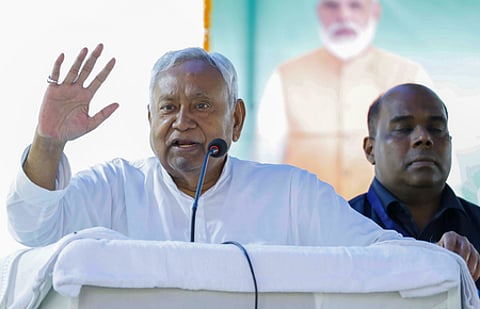 Nalanda: Bihar Chief Minister Nitish Kumar addresses the gathering during a Karyakarta Sanvad programme, in Nalanda on Sunday, October 5, 2025