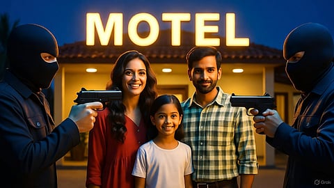 A Gujarati family standing in front of their motel, with two gunmen aiming at them.