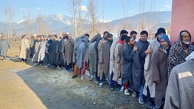 A long queue of bundled-up people in winter attire stands outdoors against a backdrop of leafless trees and snow-capped mountains under a clear blue sky.