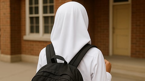 An image of a school girl wearing hijab going to school from back side