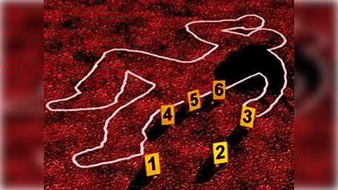 A chalk outline of a person on red ground, with six yellow evidence markers numbered 1 to 6 scattered around, conveys a crime scene investigation.