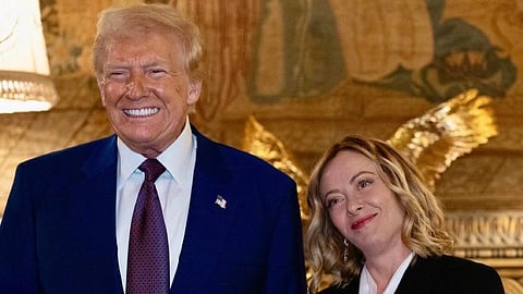 Image of US President Trump and Italian PM Meloni smiling.