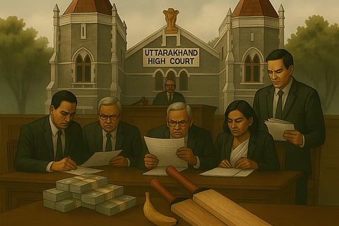 It is an AI generated picture that depicts the Uttarakhand Cricket funds scam related to ₹35 lakhs spent on bananas.